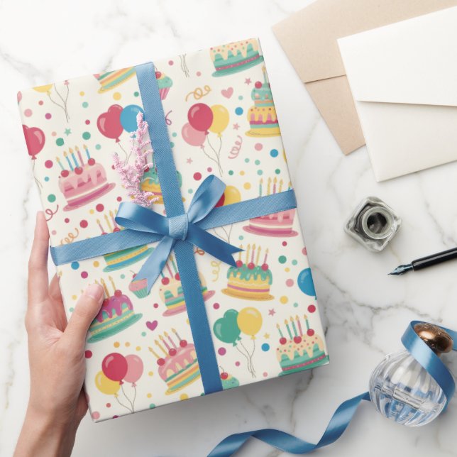 Bright Birthday Cakes and Balloons Wrapping Paper Presentpapper (Gifting)