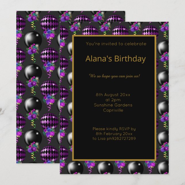 BRIGHT BLACK LILA BALLOON ALL OCASSION INBJUDNINGAR (Fram/baksida)