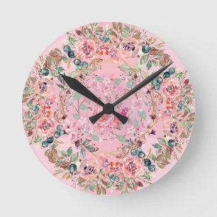 Bright Blommigt Art, vacker Rosa Blommigt andedräk Rund Klocka