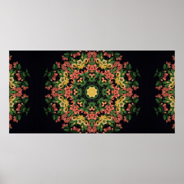 Bright blommigt mandala med rött och gula blommor. poster (Framsidan)