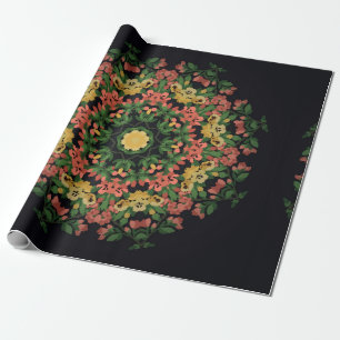 Bright blommigt mandala med rött och gula blommor. presentpapper