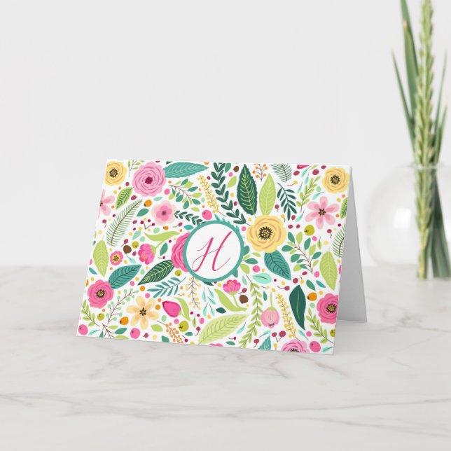 Bright Blommigt Monogram Tack Kort (Framsida)