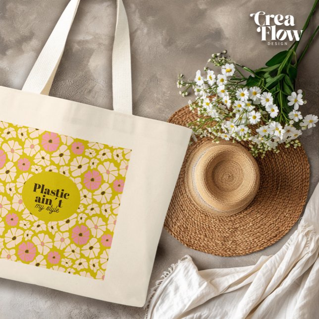 Bright Blommigt_Plastic är inte min stil Jumbo Tygkasse (Perfect Mothers Day gift: Big shopper with eclectic floral print and text `Plastic ain´t my style´)
