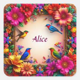 Bright Blommigt Ram med färgfåglar i naturen Fyrkantigt Klistermärke