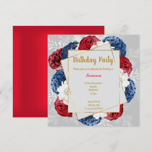 BRIGHT BLOMMIGT RED BLUE GRÅTT RAM BIRTHDAY SQUARE INBJUDNINGAR