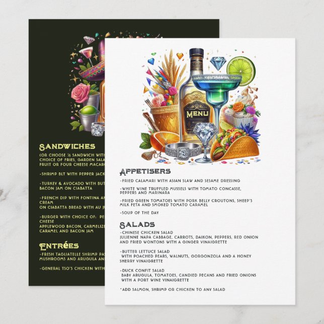 Bright Blommigt Tacos och Tequila Fiesta Firande Meny (Fram/baksida)