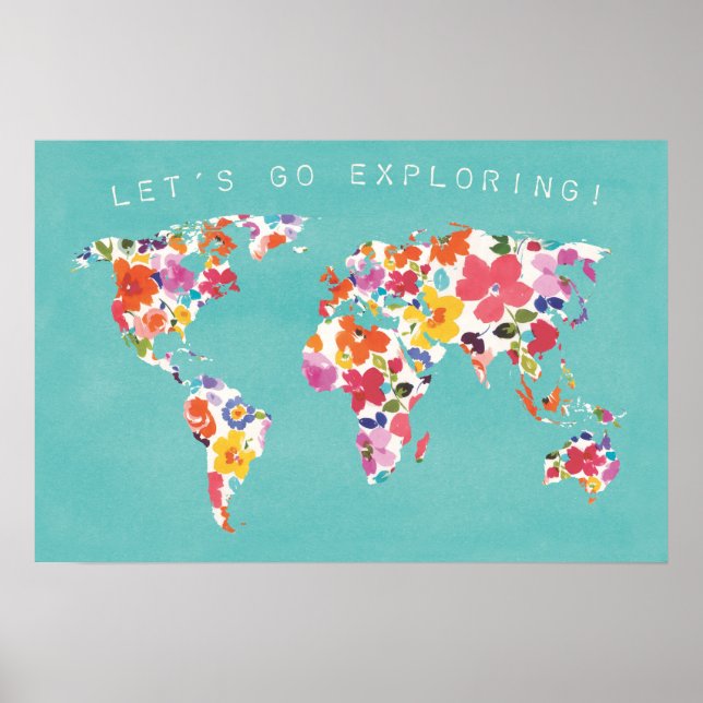 Bright Blommigt World Teal Poster (Framsidan)