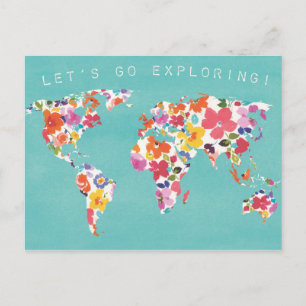 Bright Blommigt World Teal Vykort
