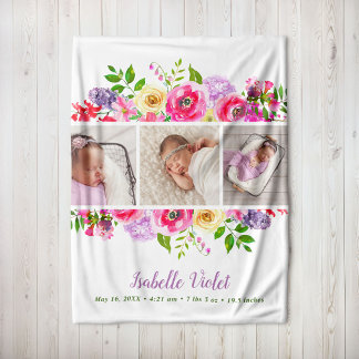 Bright Blooms 3 Photo Baby Namn Fleecefilt