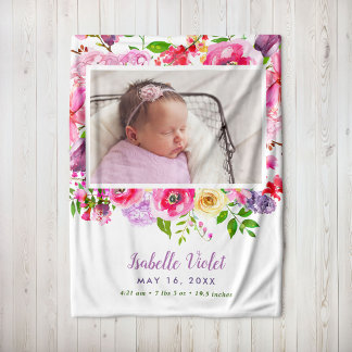 Bright Blooms Flicka Birth Stat Photo Fleecefilt