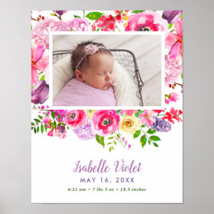 Bright Blooms Flicka Birth Stat Photo Poster