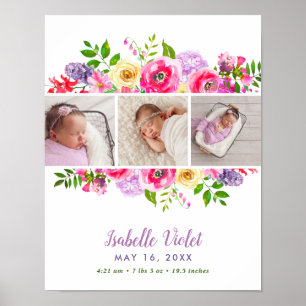 Bright Blooms Flicka Birth Stat Photo Poster