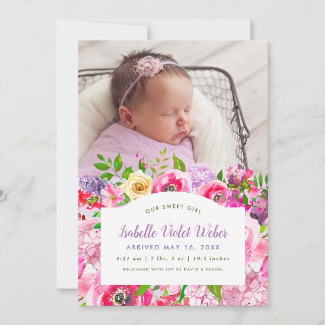 Bright Blooms Flicka Photo Birth Notice Meddelande (Framsida)