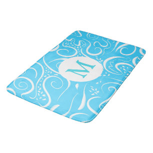 Bright Blue Abstrakt Swirls Mönster Monogram Badrumsmatta