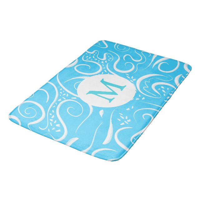 Bright Blue Abstrakt Swirls Mönster Monogram Badrumsmatta (Vinklad)
