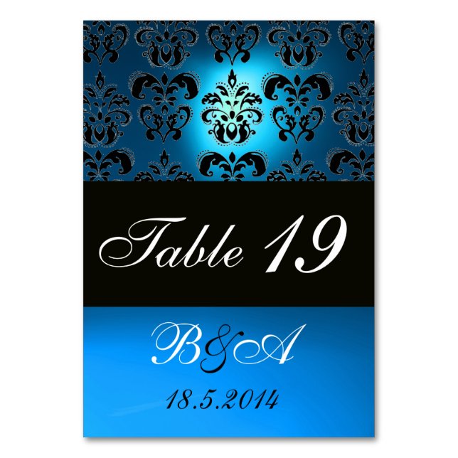 BRIGHT BLUE BLACK WHITE CLASSY DAMASK MONOGRAM BORDSNUMMER (Baksidan)