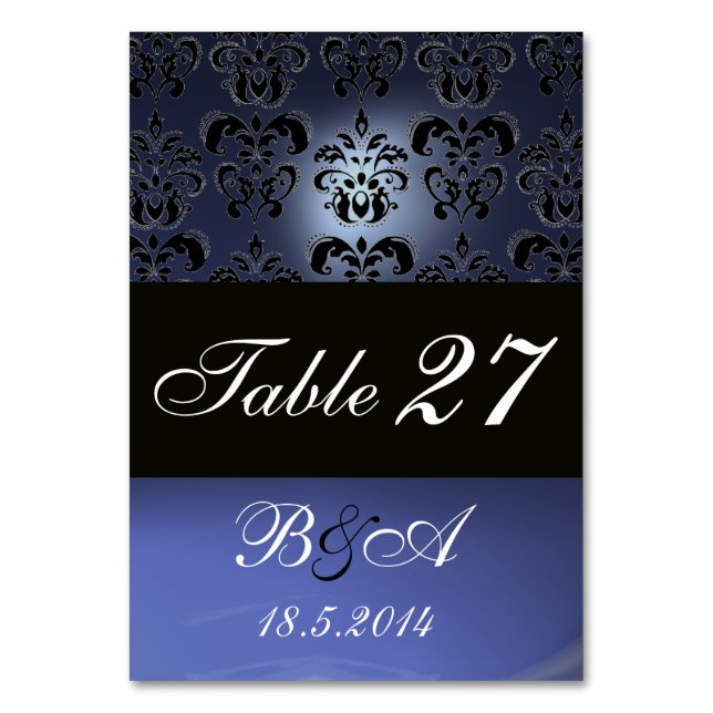 BRIGHT BLUE BLACK WHITE CLASSY DAMASK MONOGRAM BORDSNUMMER (Framsidan)