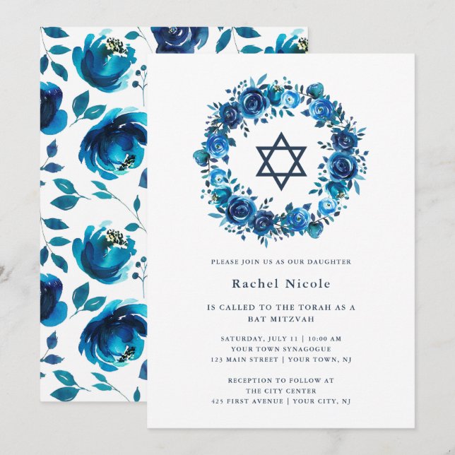 Bright Blue Blommigt och David Star| Bat mitzvah Inbjudningar (Fram/baksida)