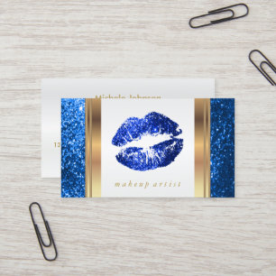 Bright Blue Glitter Läppar och Elegant Guld 2 Visitkort