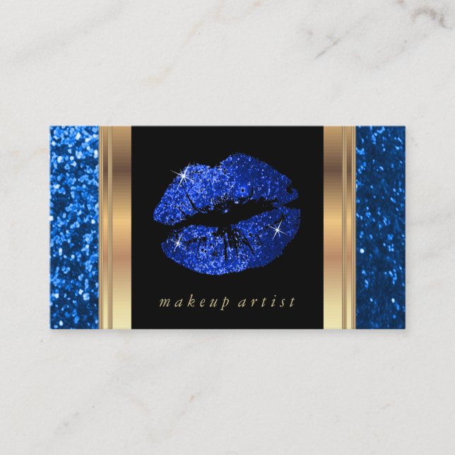 Bright Blue Glitter Läppar och Elegant Guld Visitkort (Framsida)