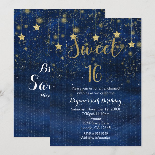 Bright Blue & Gold Stars Sweet 16-fest Invitation Inbjudningar (Fram/baksida)