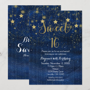 Bright Blue & Gold Stars Sweet 16-fest Invitation Inbjudningar