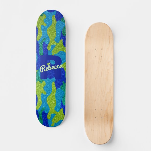 Bright Blue & Grönt Camouflage Glitter Camo Namn Mini Skateboard Bräda 18,5 Cm (Framsida)