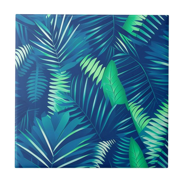 Bright Blue Grönt Tropical Löv Mönster Kakelplatta (Framsidan)