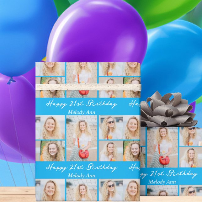 Bright Blue Happy Birthday Photo Collage Presentpapper (Skapare uppladdad)