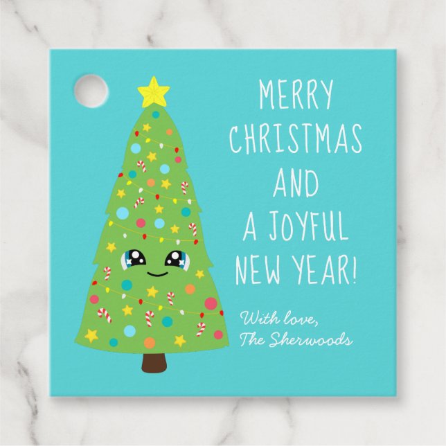 Bright Blue Kawaii Julgran God jul Gift Gåvor Etiketter (Framsida)