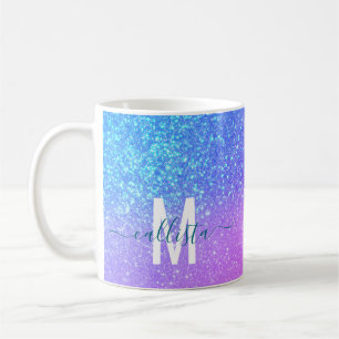 Bright Blue Lila Sparkly Glitter Ombre Monogram Kaffemugg