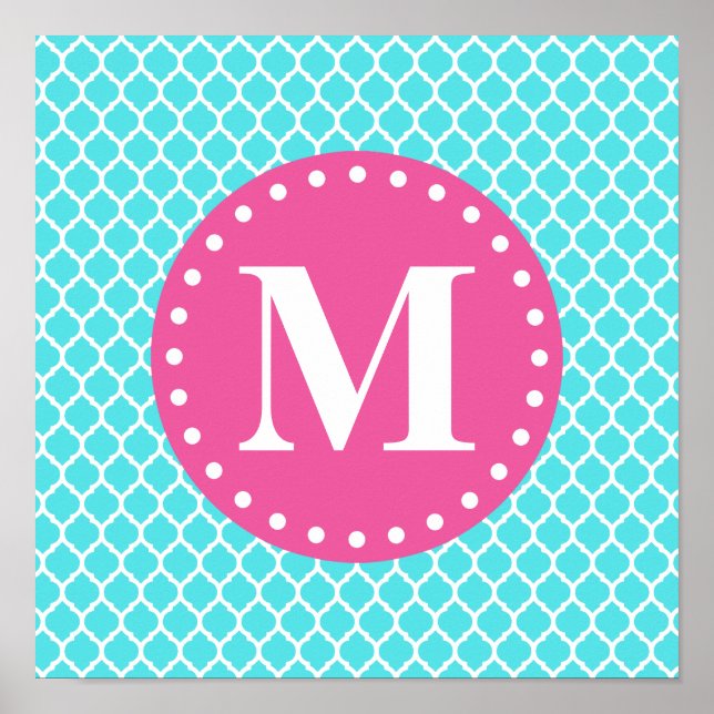 Bright Blue Moroccan Lattice Rosa Monogram Poster (Framsidan)