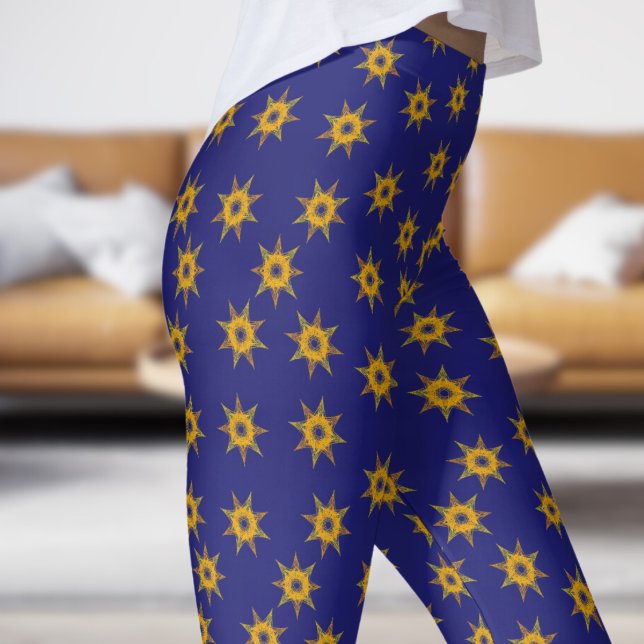 Bright Blue och Guld Star Mönster Leggings (Star on Midnight Blue)