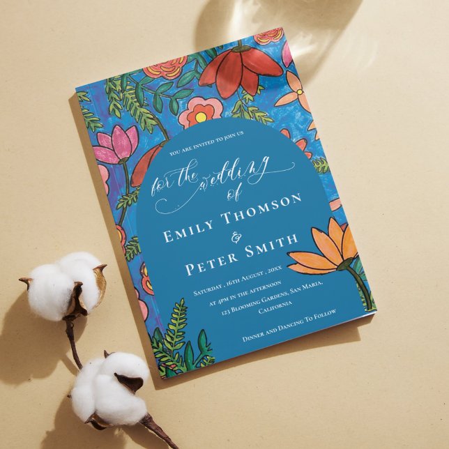 Bright Blue Orange Hand plockade Blommigt Bröllop Inbjudningar (Bright Blue Orange Hand Drawn Floral Wedding Invitation)