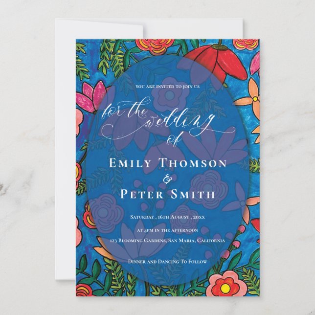 Bright Blue Orange Hand plockade Blommigt Bröllop Inbjudningar (Framsida)