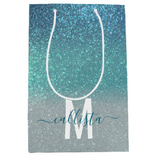 Bright Blue Teal Sparkly Glitter Ombre Monogram