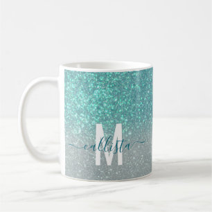 Bright Blue Teal Sparkly Glitter Ombre Monogram Kaffemugg