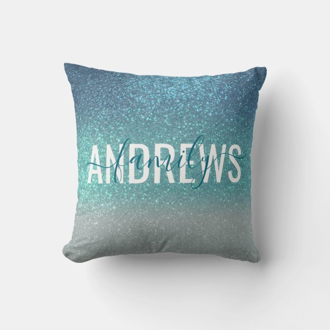 Bright Blue Teal Sparkly Glitter Ombre Monogram Kudde (Framsida)