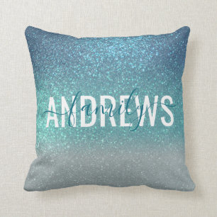 Bright Blue Teal Sparkly Glitter Ombre Monogram Kudde