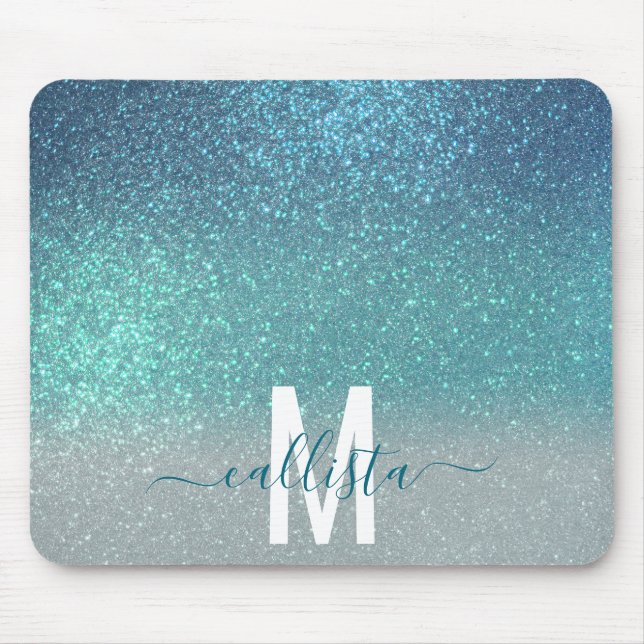 Bright Blue Teal Sparkly Glitter Ombre Monogram Musmatta (Framsidan)