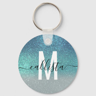 Bright Blue Teal Sparkly Glitter Ombre Monogram Nyckelring