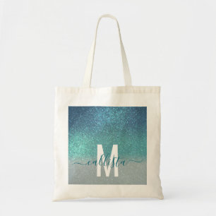 Bright Blue Teal Sparkly Glitter Ombre Monogram Tygkasse