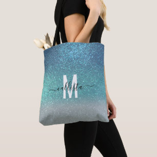 Bright Blue Teal Sparkly Glitter Ombre Monogram Tygkasse