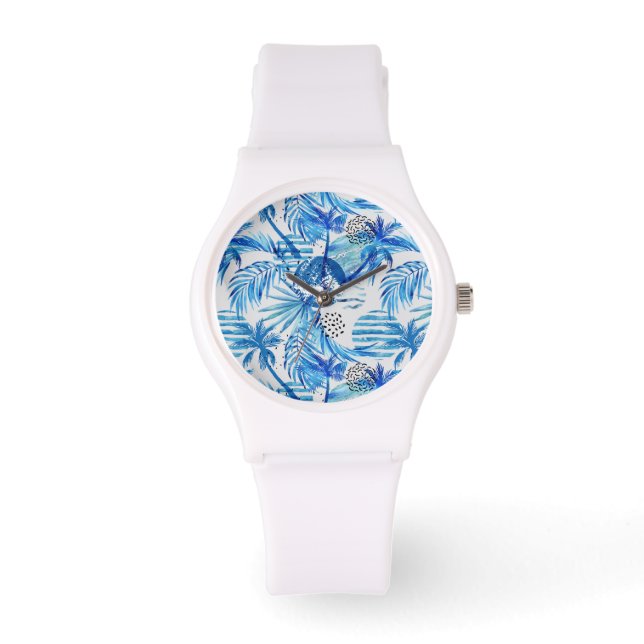 Bright Blue Tropical Watercolor Mönster Armbandsur (Framsida)