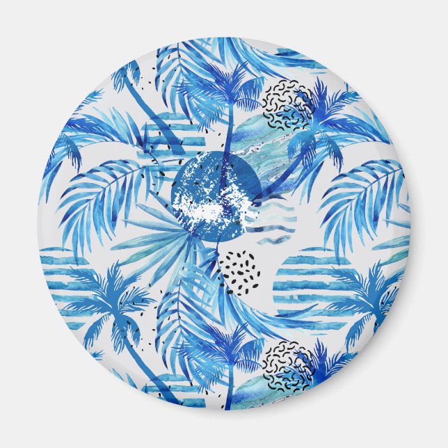 Bright Blue Tropical Watercolor Mönster Magnet (Framsidan)