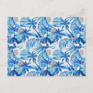 Bright Blue Tropical Watercolor Mönster Vykort