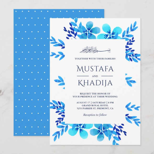 Bright Blue Watercolor Blommigt Islamic Bröllop Inbjudningar (Fram/baksida)