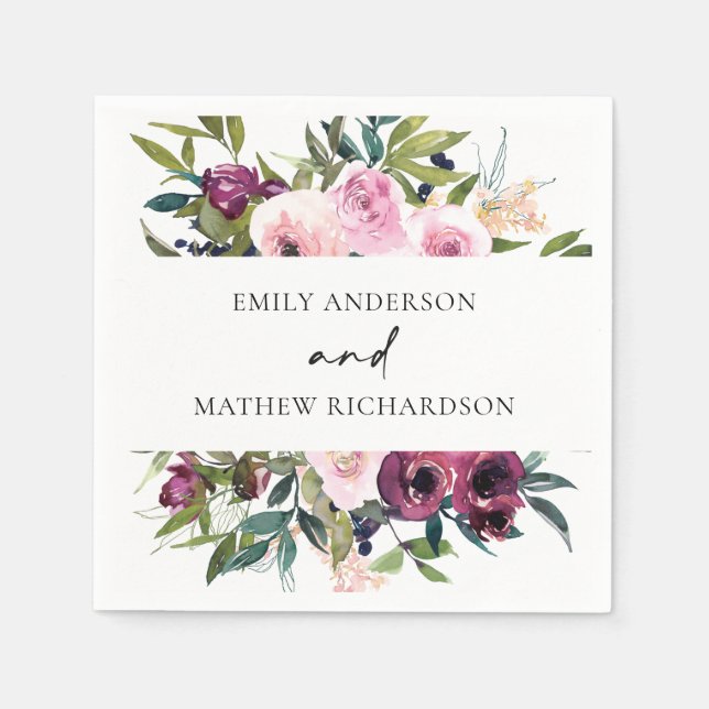 BRIGHT BOHO  BURGUNDY BLOMMIGT BUNCH BRÖLLOP PAPPERSSERVETT (Framsidan)