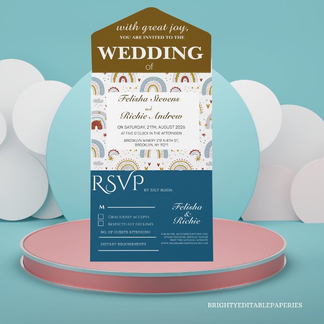 Bright Boho Terracotta Rainbows Bröllop (Invite your loved ones to celebrate in style with our Bright Boho Terracotta All In One Invitation.)