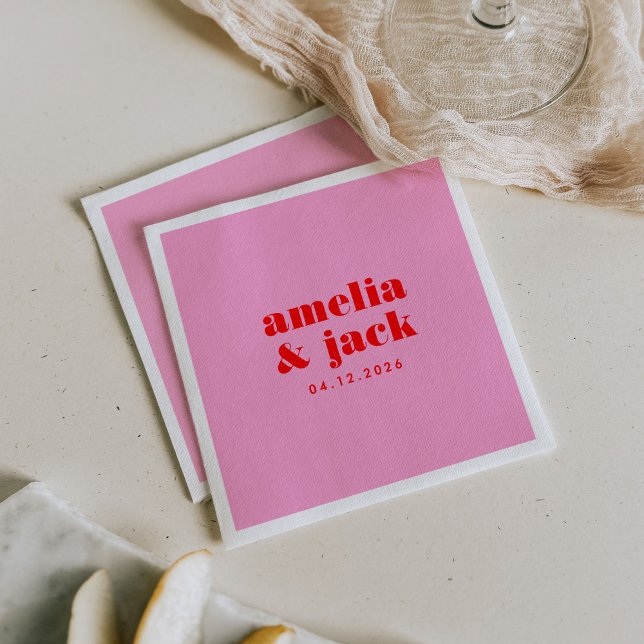 Bright Bold Rosa och Red Modern Monogram Bröllop Pappersservett (Bright Bold Pink and Red Modern Monogram Wedding Paper Cocktail Napkins)